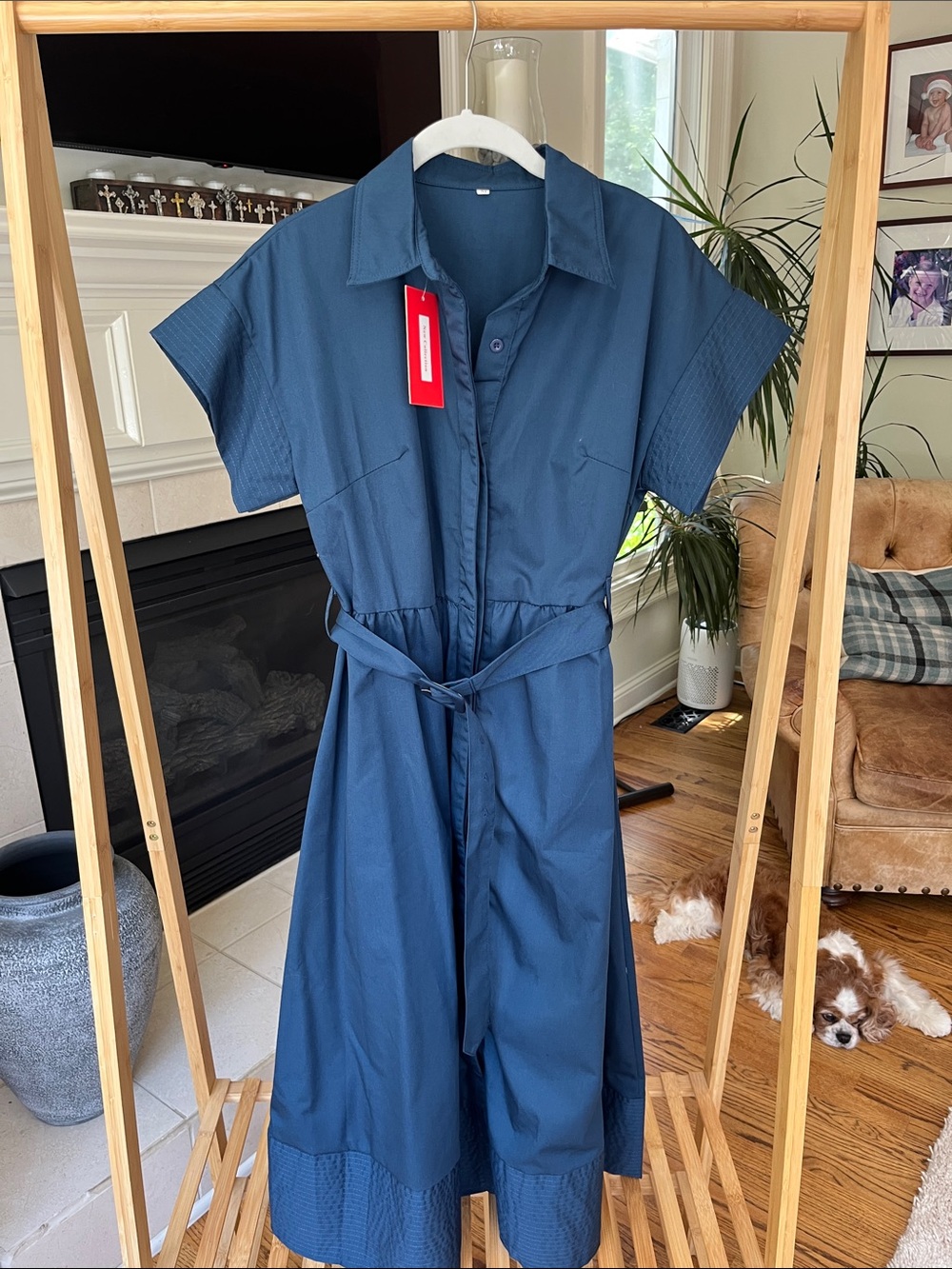 Navy Blue Button-Front Midi Dress with Waist Tie